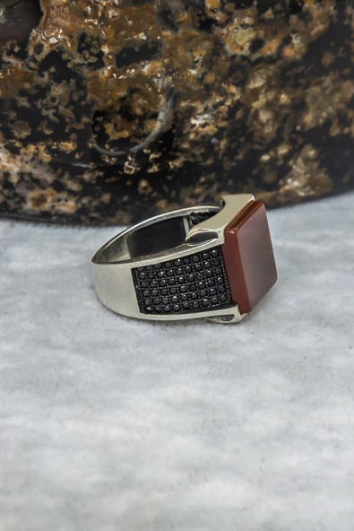 Kare Akik Taşlı 925 Gümüş Erkek Yüzük - Resim 9