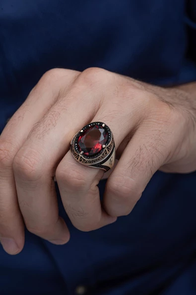 Oval Kırmızı Taşlı 925 Gümüş Erkek Yüzük - Resim 5