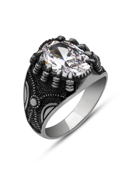 Beyaz Zirkon Taşlı Pençeli 925 Gümüş Erkek Yüzük - Resim 2