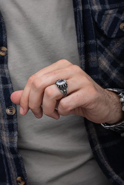 Beyaz Zirkon Taşlı Pençeli 925 Gümüş Erkek Yüzük - Resim 8