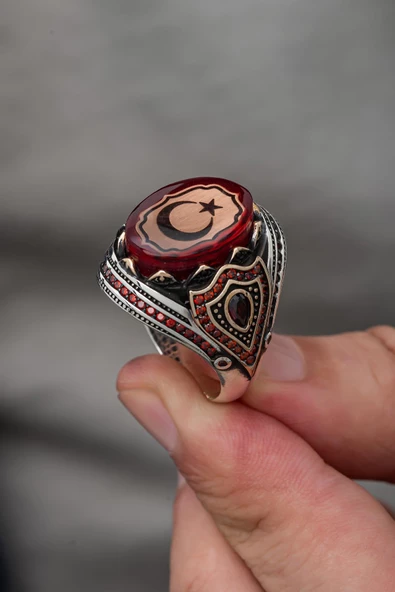 Ayyıldız Kırmızı Taşlı 925 Gümüş Erkek Yüzük - Resim 3