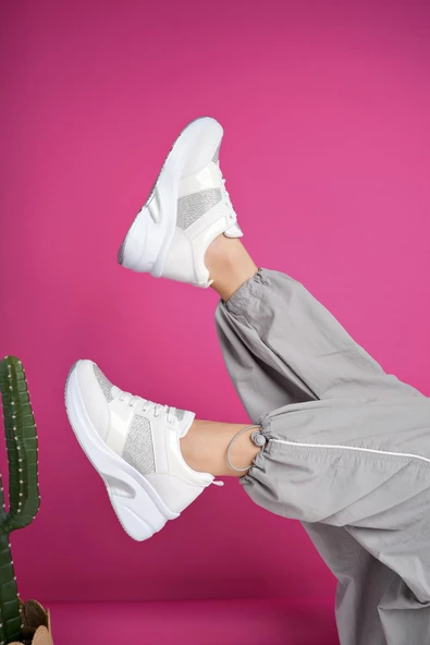 Muggo MARLON Garantili Kadın Ortopedik Yüksek Taban Günlük Bağcıklı Simli Sneaker Spor Ayakkabı - 11