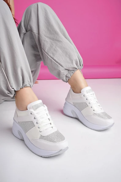 Muggo MARLON Garantili Kadın Ortopedik Yüksek Taban Günlük Bağcıklı Simli Sneaker Spor Ayakkabı - 10