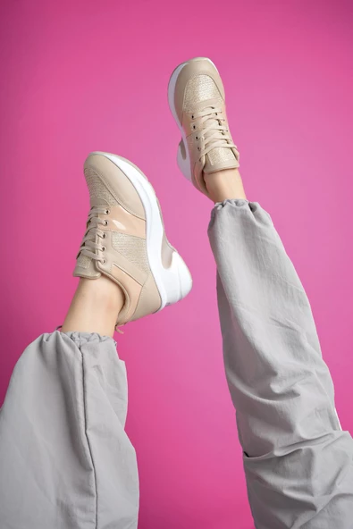 Muggo MARLON Garantili Kadın Ortopedik Yüksek Taban Günlük Bağcıklı Simli Sneaker Spor Ayakkabı - 2