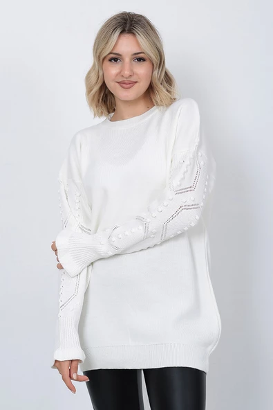 Kadın Triko Kazak Bisiklet Yaka Kolu Desenli Oversize Ekru - 3