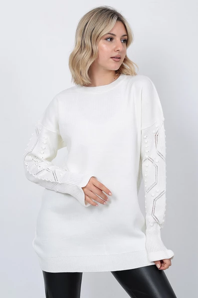 Kadın Triko Kazak Bisiklet Yaka Kolu Desenli Oversize Ekru - 6