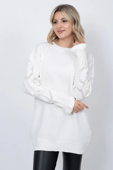 Kadın Triko Kazak Bisiklet Yaka Kolu Desenli Oversize Ekru - 5