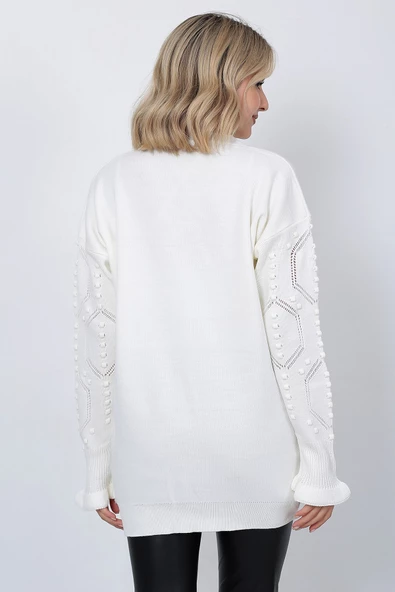 Kadın Triko Kazak Bisiklet Yaka Kolu Desenli Oversize Ekru - 8