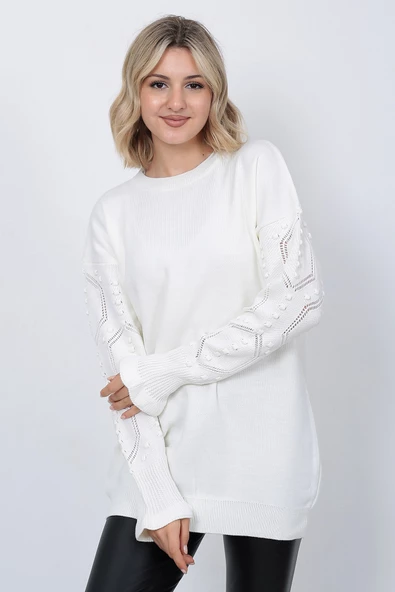 Kadın Triko Kazak Bisiklet Yaka Kolu Desenli Oversize Ekru - 4