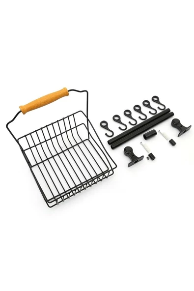 Nishev Ferforje Sepet - Duvar Rayı Askılık Mutfak Askısı Sepetli Ahşap Düzenleyici / Siyah - 3