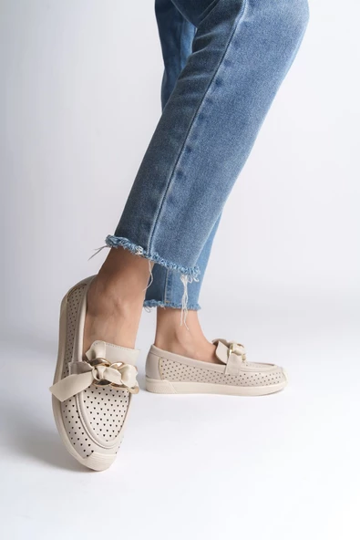 LYDIA Bağcıksız Ortopedik Rahat Taban Kalp Desenli Babet Ayakkabı KT Krem - 2