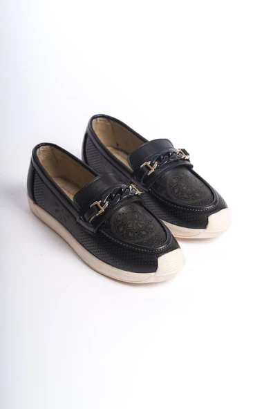 LIZY Bağcıksız Ortopedik Rahat Taban Çiçek Desenli Babet Ayakkabı KT Siyah - 4