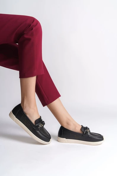 LIZY Bağcıksız Ortopedik Rahat Taban Çiçek Desenli Babet Ayakkabı KT Siyah - 3