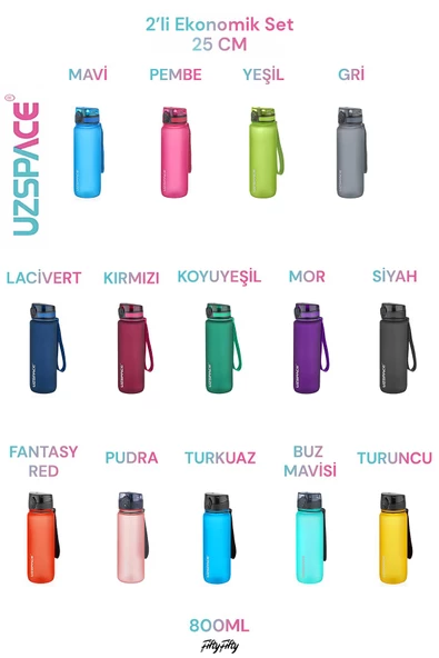 Uzspace 2'li Tritan Matara Seti 800 ml 14 Farklı Renk Seçeneği FiftyFifty - 3