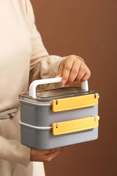 Vagonlife Bento Lunch Box Ofis-Okul İçin Yeni Nesil Sefer Tası Çift Kat 4 bölme Paslanmaz Çelik F494 - 5