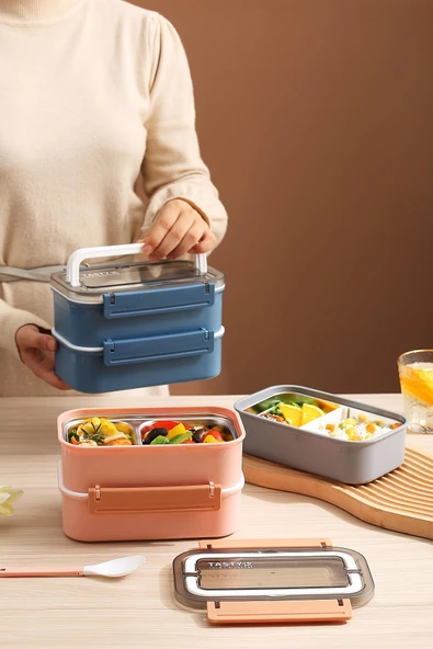 Vagonlife Bento Lunch Box Ofis-Okul İçin Yeni Nesil Sefer Tası Çift Kat 4 bölme Paslanmaz Çelik F494 - 6