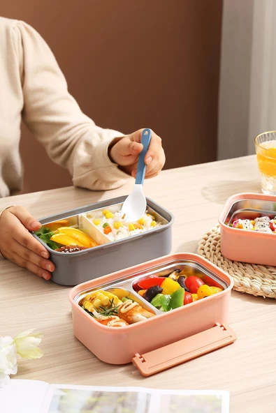 Vagonlife Bento Lunch Box Ofis-Okul İçin Yeni Nesil Sefer Tası Çift Kat 4 bölme Paslanmaz Çelik F494 - 11