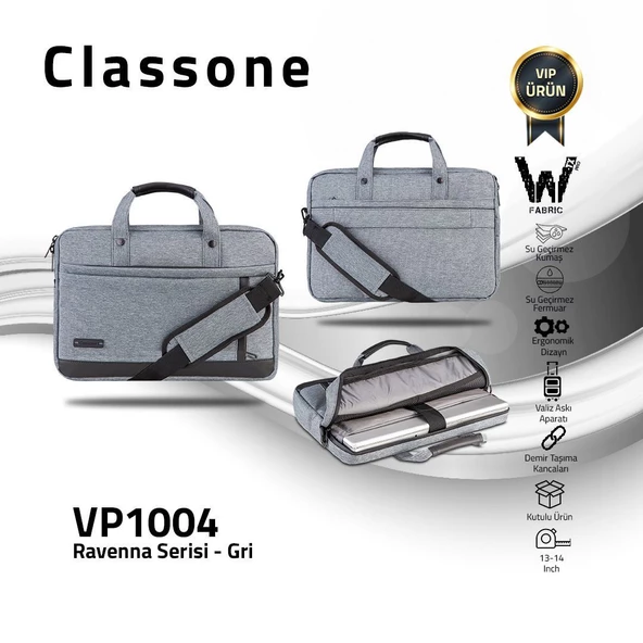 CLASSONE VP1004 RAVENNA 14 Su Geçirmez LUX GRİ ÇANTA