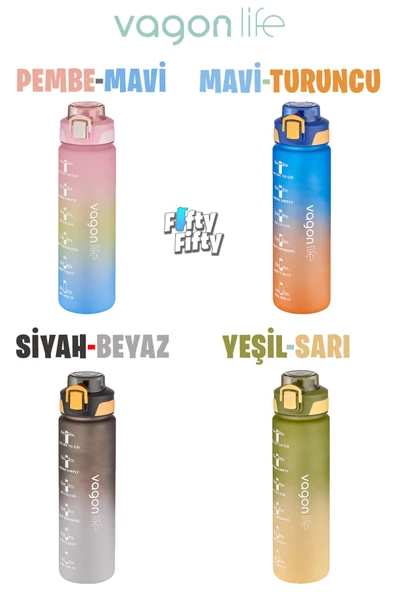 Vagonlife 1 LİTRE Çift Renk Motivasyon Su Matarası Çift Kullanım Pipetli Ve Rahat İçim Sticker Hediyeli - 4