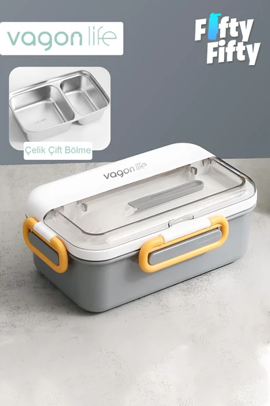 Vagonlife Tek Kat Çift Bölme Bento Lunch Box Ofis-Okul İçin Yeni Nesil Sefer Tası Paslanmaz Çelik 588 - 2