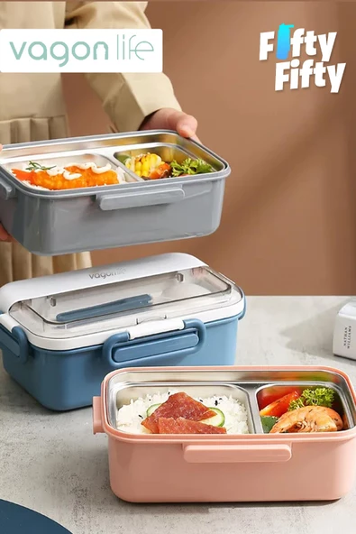 Vagonlife Tek Kat Çift Bölme Bento Lunch Box Ofis-Okul İçin Yeni Nesil Sefer Tası Paslanmaz Çelik 588 - 12