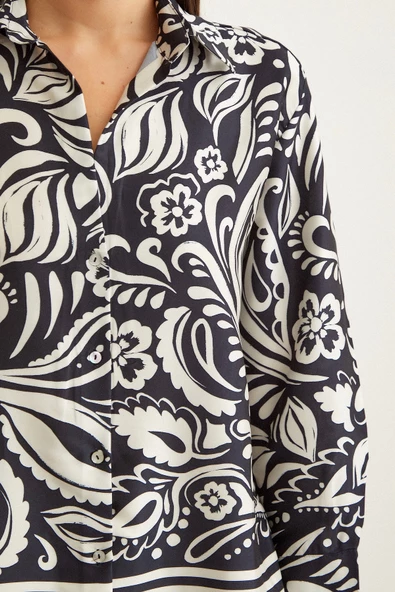 V Yaka Desenli Saten Gömlek Siyah - Resim 4