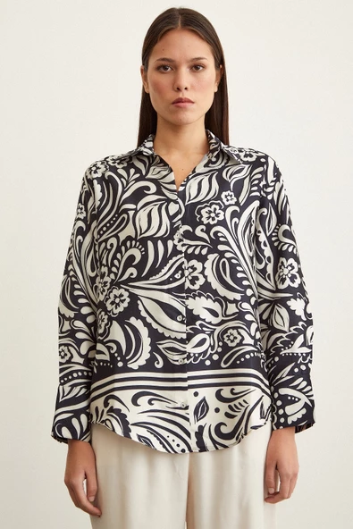 V Yaka Desenli Saten Gömlek Siyah - Resim 3