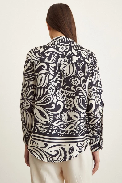 V Yaka Desenli Saten Gömlek Siyah - Resim 5