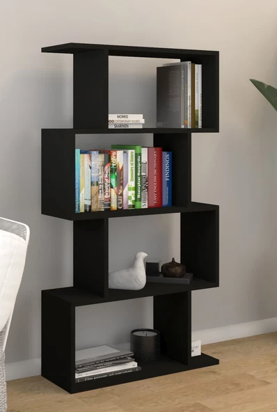 Mirobi 4 Raflı Kitaplık, Dekoratif Raflı Zigzag Kitaplık, Siyah Renk - 2