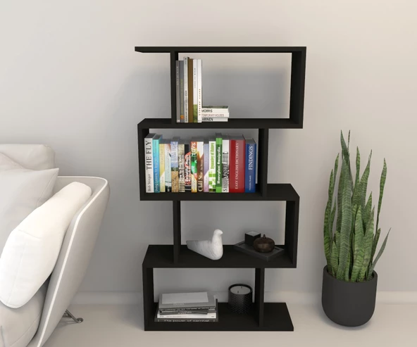 Mirobi 4 Raflı Kitaplık, Dekoratif Raflı Zigzag Kitaplık, Siyah Renk - 4