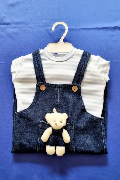 4 Mevsim Unisex Bebek Jean Penye Pamuklu Cepte Ayıcık Figür Takım Salopet Tulum