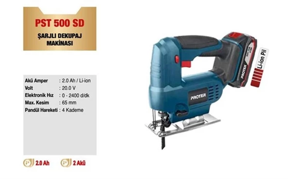 PROTER PST 500 SD 2.0AH 20 V AKÜLÜ ŞARJLI DEKUPAJ TESTERE MAKİNESİ - 2
