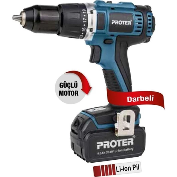 PROTER PST 740 BL 20V 4.0 AH Li-ion ÇİFT AKÜLÜ KÖMÜRSÜZ DARBELİ MATKAP VİDALAMA