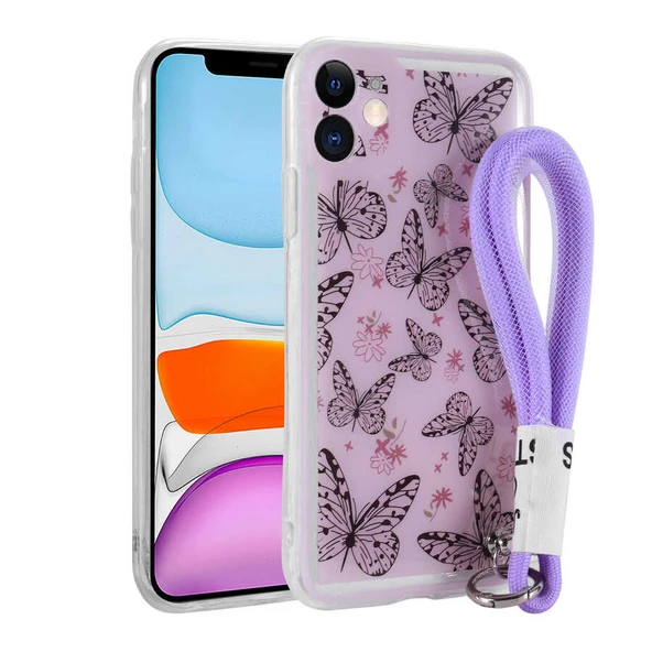 Apple iPhone 11 Kılıf Desenli El Askılı İpli Astana Kapak - 8