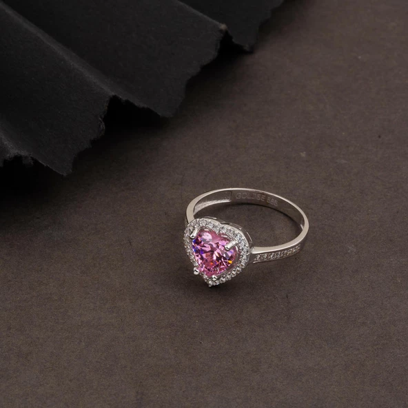 Pembe Kalpli Tektaş Altın Yüzük - Resim 3