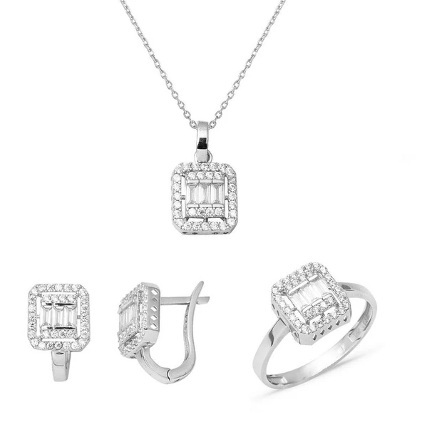 14 Ayar Klasik Beyaz Altın Baget Taşlı Set ürün görseli 1