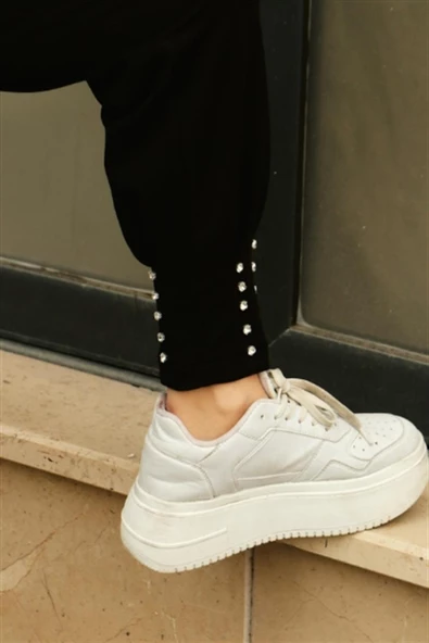 Zehmeri Taşlı ve Beli Lastikli Pantolon - (38-46) - 71101 - Siyah