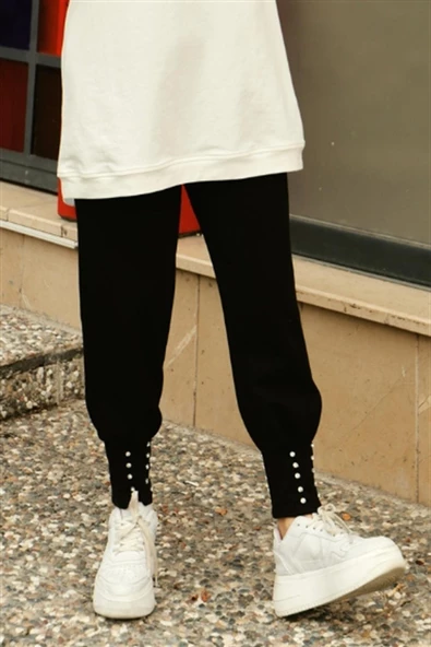 Zehmeri Taşlı ve Beli Lastikli Pantolon - (38-46) - 71101 - Siyah - 4