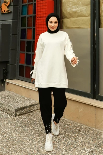 Zehmeri Taşlı ve Beli Lastikli Pantolon - (38-46) - 71101 - Siyah - 3