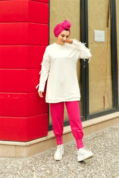 Zehmeri Taşlı ve Beli Lastikli Pantolon - 71101.025 - Fuşya - 4