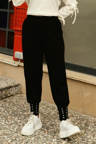 Zehmeri Taşlı ve Beli Lastikli Pantolon - (38-46) - 71101 - Siyah - 2
