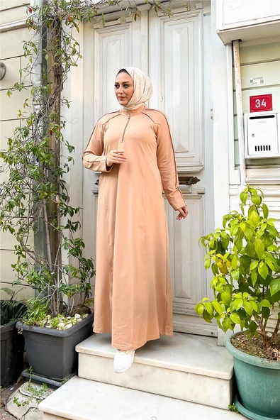 Kısa Fermuarlı Cepli Sade Basic Uzun Büyük Beden Spor Elbise - 12024.026 - Bej - 3