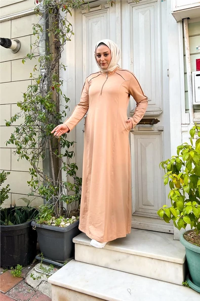 Kısa Fermuarlı Cepli Sade Basic Uzun Büyük Beden Spor Elbise - 12024.026 - Bej - 12