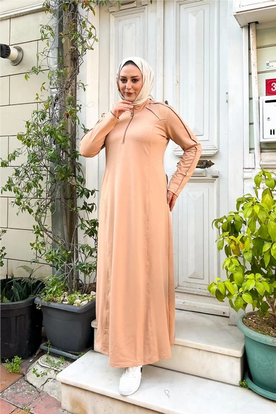 Kısa Fermuarlı Cepli Sade Basic Uzun Büyük Beden Spor Elbise - 12024.026 - Bej - 5