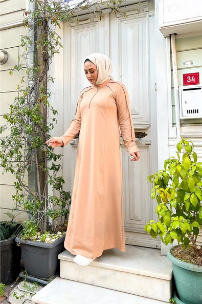 Kısa Fermuarlı Cepli Sade Basic Uzun Büyük Beden Spor Elbise - 12024.026 - Bej - 4