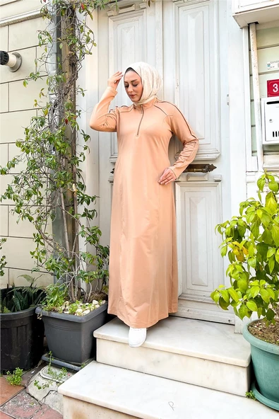 Kısa Fermuarlı Cepli Sade Basic Uzun Büyük Beden Spor Elbise - 12024.026 - Bej - 7