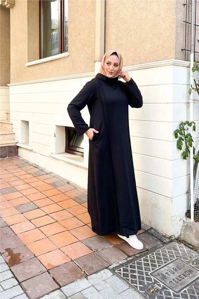 İkili Uzun Nevrül Detaylı Boğazlı Sade Basic Uzun Büyük Beden Spor Elbise - 12027.003 - Siyah - Resim 5