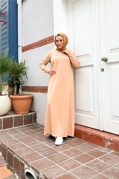 Kısa Nevrül Detaylı Sade Basic Uzun Büyük Beden Spor Elbise - 12025.026 - Bej - 4