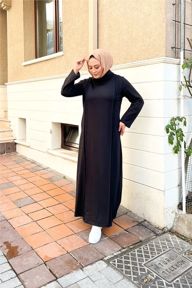 İkili Uzun Nevrül Detaylı Boğazlı Sade Basic Uzun Büyük Beden Spor Elbise - 12027.003 - Siyah - Resim 3
