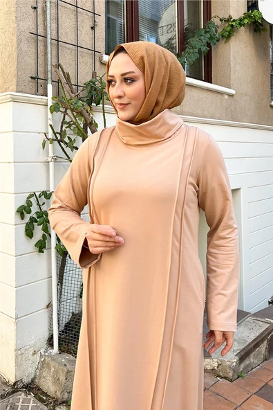 İkili Uzun Nevrül Detaylı Boğazlı Sade Basic Uzun Büyük Beden Spor Elbise - 12027.026 - Bej - 3